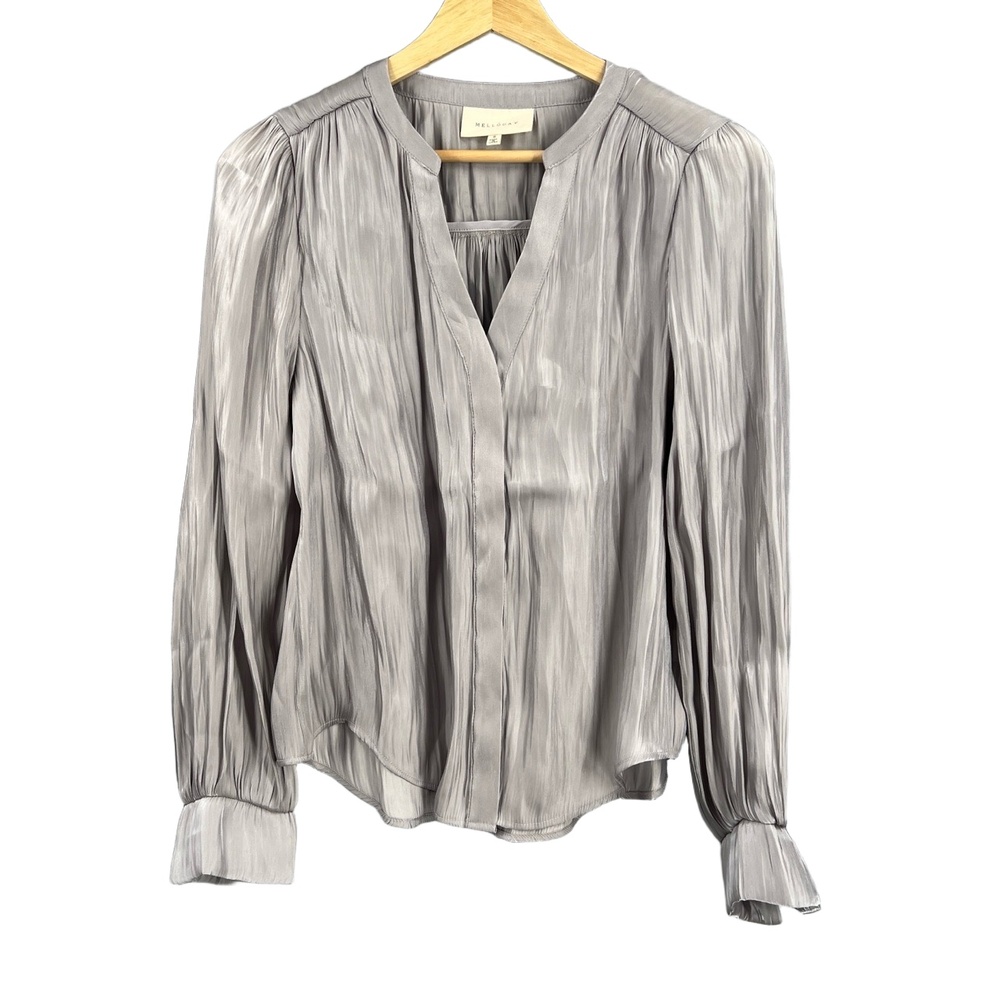 Melloday‎ Blouse Silver Grey Metallic Sheer Crinkle Button Long Sleeve Size S